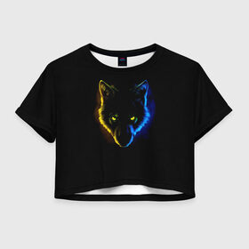 Женская футболка Crop-top 3D с принтом Гипноз в Новосибирске, 100% полиэстер | круглая горловина, длина футболки до линии талии, рукава с отворотами | ears | eyes | hypnosis | muzzle | neon | night | view | wolf | взгляд | волк | гипноз | глаза | неон | ночь | уши