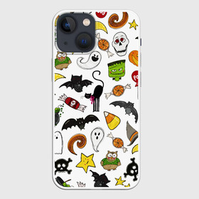 Чехол для iPhone 13 mini с принтом Хэллоуин паттерн в Новосибирске,  |  | cartoon | halloween | monsters | pattern | ведьма | детям | животные | звезда | звери | зомби | конфеты | кости | кошка | крылья | летучая мышь | монстры | нечисть | паук | паутина | подарок | привидение | призрак | скелет