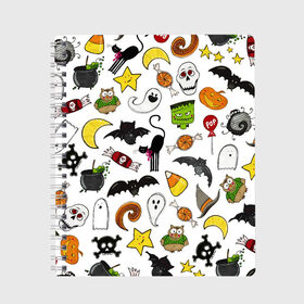 Тетрадь с принтом Хэллоуин паттерн в Новосибирске, 100% бумага | 48 листов, плотность листов — 60 г/м2, плотность картонной обложки — 250 г/м2. Листы скреплены сбоку удобной пружинной спиралью. Уголки страниц и обложки скругленные. Цвет линий — светло-серый
 | Тематика изображения на принте: cartoon | halloween | monsters | pattern | ведьма | детям | животные | звезда | звери | зомби | конфеты | кости | кошка | крылья | летучая мышь | монстры | нечисть | паук | паутина | подарок | привидение | призрак | скелет