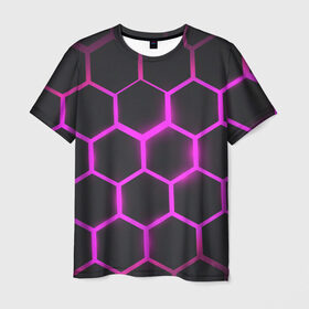 Мужская футболка 3D с принтом соты в Новосибирске, 100% полиэфир | прямой крой, круглый вырез горловины, длина до линии бедер | абстракция | геометрия | неоновые соты | соты | шестиугольник