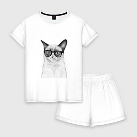 Женская пижама с шортиками хлопок с принтом Кот хипстер в Новосибирске, 100% хлопок | футболка прямого кроя, шорты свободные с широкой мягкой резинкой | grumpy cat | арт | кот | кошка | очки | рисунок | хипстер | черный | чёрный белый