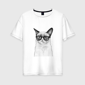 Женская футболка хлопок Oversize с принтом Кот хипстер в Новосибирске, 100% хлопок | свободный крой, круглый ворот, спущенный рукав, длина до линии бедер
 | grumpy cat | арт | кот | кошка | очки | рисунок | хипстер | черный | чёрный белый