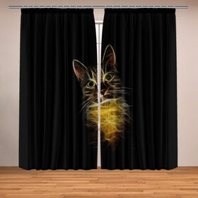 Фотошторы с принтом Дымчато-световой кот в Новосибирске, Блэкаут (светозащита 90%) / Габардин (светозащита 40% | 2 полотна шириной по 145 см; Высота 200-300 см; Крепление: шторная лента (на крючки); | арт | дым | желтый | кот | кошка | кривые | рисунок | свет | серый | тёмный | чёрный | яркие линии