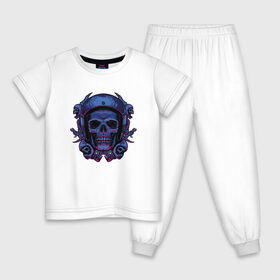 Детская пижама хлопок с принтом Череп Байкера в Новосибирске, 100% хлопок |  брюки и футболка прямого кроя, без карманов, на брюках мягкая резинка на поясе и по низу штанин
 | bike | biker | blue | forcer | gang | gangster | harley | helmet | horror | motorcycle | piston | scary | skeleton | skull | skulls | wrench | байк | банда | бандит | гаечный | ключ | мото | поршень | поршни | синий | скелет | страшный | ужас | 