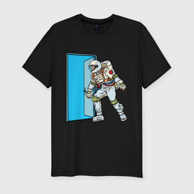 Мужская футболка хлопок Slim с принтом Portal в Новосибирске, 92% хлопок, 8% лайкра | приталенный силуэт, круглый вырез ворота, длина до линии бедра, короткий рукав | astronaut | cosmonaut | cosmos | door | enter | portal | space | spacesuit | вход | дверь | космонавт | космос | портал | скафандр