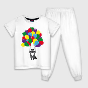 Детская пижама хлопок с принтом Енот с шариками в Новосибирске, 100% хлопок |  брюки и футболка прямого кроя, без карманов, на брюках мягкая резинка на поясе и по низу штанин
 | воздушные шарики | енот | мультяшный | разноцветный