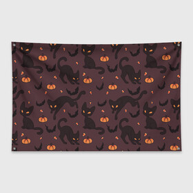 Флаг-баннер с принтом Хэллоуиновский кот в Новосибирске, 100% полиэстер | размер 67 х 109 см, плотность ткани — 95 г/м2; по краям флага есть четыре люверса для крепления | арт | конфеты | кот | котёнок | кошка | оранжевый | рисунок | тёмный | тыква | тыквы | фиолетовый | хеллоуин | хэллоуин | чёрный