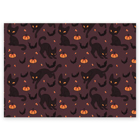 Поздравительная открытка с принтом Хэллоуиновский кот в Новосибирске, 100% бумага | плотность бумаги 280 г/м2, матовая, на обратной стороне линовка и место для марки
 | арт | конфеты | кот | котёнок | кошка | оранжевый | рисунок | тёмный | тыква | тыквы | фиолетовый | хеллоуин | хэллоуин | чёрный