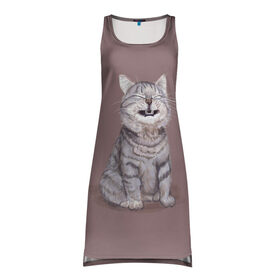Платье-майка 3D с принтом Котёнок ыыы в Новосибирске, 100% полиэстер | полуприлегающий силуэт, широкие бретели, круглый вырез горловины, удлиненный подол сзади. | арт | кот | котёнок | кошка | мем | мемный кот | мемный котенок | мэм | мэмный котёнок | рисунок | серый | серый кот | тёмный | фиолетовый