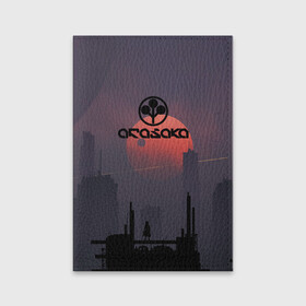 Обложка для паспорта матовая кожа с принтом Cyberpunk 2077 - (Arasaka) в Новосибирске, натуральная матовая кожа | размер 19,3 х 13,7 см; прозрачные пластиковые крепления | arasaka | cyberpunk 2077 | cyberpunk 2077 (arasaka) | город | игра | луна | минимализм | рисунок