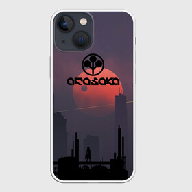 Чехол для iPhone 13 mini с принтом Cyberpunk 2077   (Arasaka) в Новосибирске,  |  | arasaka | cyberpunk 2077 | cyberpunk 2077 (arasaka) | город | игра | луна | минимализм | рисунок