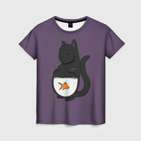 Женская футболка 3D с принтом Довольный кот в Новосибирске, 100% полиэфир ( синтетическое хлопкоподобное полотно) | прямой крой, круглый вырез горловины, длина до линии бедер | аквариум | арт | вода | золотая рыбка | кот | котёнок | кошка | рисунок | рыба | рыбка | фиолетовый | чёрная кошка | черный кот | чёрный котёнок