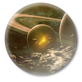 Значок с принтом Saturn в Новосибирске,  металл | круглая форма, металлическая застежка в виде булавки | Тематика изображения на принте: cosmos | meteorite | saturn | space | космос | метеорит | пространство | сатурн