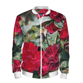 Мужской бомбер 3D с принтом Red Roses в Новосибирске, 100% полиэстер | застегивается на молнию, по бокам два кармана без застежек, по низу бомбера и на воротнике - эластичная резинка | Тематика изображения на принте: bush | floral | flower | garden | green | nature | red roses | бутоны | красная роза | куст | листья | природа | роза | сад | цветение | цветок | цветы