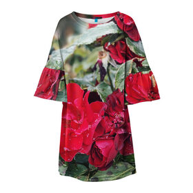 Детское платье 3D с принтом Red Roses в Новосибирске, 100% полиэстер | прямой силуэт, чуть расширенный к низу. Круглая горловина, на рукавах — воланы | bush | floral | flower | garden | green | nature | red roses | бутоны | красная роза | куст | листья | природа | роза | сад | цветение | цветок | цветы