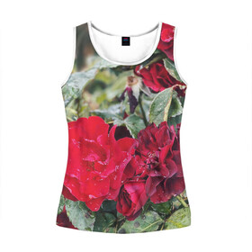 Женская майка 3D с принтом Red Roses в Новосибирске, 100% полиэстер | круглая горловина, прямой силуэт, длина до линии бедра | bush | floral | flower | garden | green | nature | red roses | бутоны | красная роза | куст | листья | природа | роза | сад | цветение | цветок | цветы