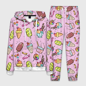 Мужской костюм 3D с принтом Сладкоежка в Новосибирске, 100% полиэстер | Манжеты и пояс оформлены тканевой резинкой, двухслойный капюшон со шнурком для регулировки, карманы спереди | вафельный стаканчик | дарже | десерты | закуски | конфеты | леденец | мороженное | пломбир | сладкое | сладкоежка | снеки | шоколадки
