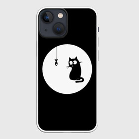 Чехол для iPhone 13 mini с принтом Ночная охота в Новосибирске,  |  | Тематика изображения на принте: арт | кот | котёнок | кошка | луна | ночь | рисунок | рыба | рыбалка | черная кошка | черный кот | чёрный котёнок