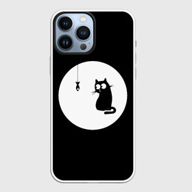 Чехол для iPhone 13 Pro Max с принтом Ночная охота в Новосибирске,  |  | Тематика изображения на принте: арт | кот | котёнок | кошка | луна | ночь | рисунок | рыба | рыбалка | черная кошка | черный кот | чёрный котёнок