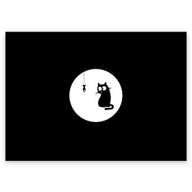 Поздравительная открытка с принтом Ночная охота в Новосибирске, 100% бумага | плотность бумаги 280 г/м2, матовая, на обратной стороне линовка и место для марки
 | арт | кот | котёнок | кошка | луна | ночь | рисунок | рыба | рыбалка | черная кошка | черный кот | чёрный котёнок