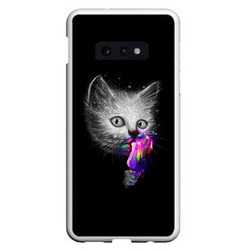 Чехол для Samsung S10E с принтом Котейка с мороженным в Новосибирске, Силикон | Область печати: задняя сторона чехла, без боковых панелей | арт | кот | котёнок | кошка | мороженное | рисунок | серая кошка | серый кот | серый котёнок | чёрный | яркие цвета
