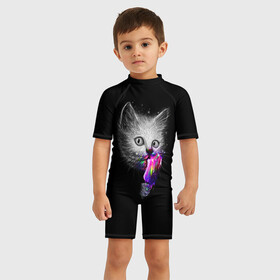 Детский купальный костюм 3D с принтом Котейка с мороженным в Новосибирске, Полиэстер 85%, Спандекс 15% | застежка на молнии на спине | арт | кот | котёнок | кошка | мороженное | рисунок | серая кошка | серый кот | серый котёнок | чёрный | яркие цвета