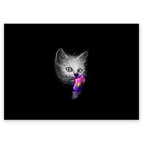 Поздравительная открытка с принтом Котейка с мороженным в Новосибирске, 100% бумага | плотность бумаги 280 г/м2, матовая, на обратной стороне линовка и место для марки
 | арт | кот | котёнок | кошка | мороженное | рисунок | серая кошка | серый кот | серый котёнок | чёрный | яркие цвета