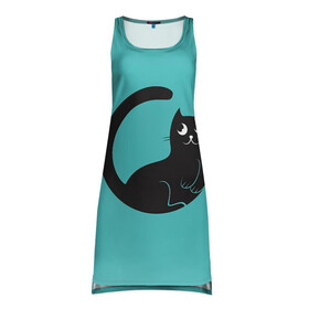 Платье-майка 3D с принтом Чёрный котя в Новосибирске, 100% полиэстер | полуприлегающий силуэт, широкие бретели, круглый вырез горловины, удлиненный подол сзади. | арт | бирюзовый | вектор | зеленый | кот | котёнок | кошка | рисунок | чёрная кошка | чёрный | чёрный кот | чёрный котёнок