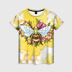 Женская футболка 3D с принтом Пчела в Новосибирске, 100% полиэфир ( синтетическое хлопкоподобное полотно) | прямой крой, круглый вырез горловины, длина до линии бедер | крылья | мёд | оса | пчела | пчёлы | соты | цветы