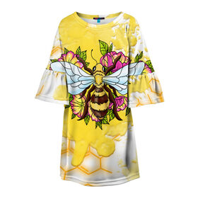Детское платье 3D с принтом Пчела в Новосибирске, 100% полиэстер | прямой силуэт, чуть расширенный к низу. Круглая горловина, на рукавах — воланы | Тематика изображения на принте: крылья | мёд | оса | пчела | пчёлы | соты | цветы