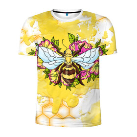 Мужская футболка 3D спортивная с принтом Пчела в Новосибирске, 100% полиэстер с улучшенными характеристиками | приталенный силуэт, круглая горловина, широкие плечи, сужается к линии бедра | крылья | мёд | оса | пчела | пчёлы | соты | цветы