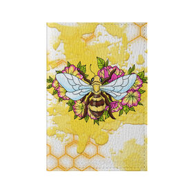 Обложка для паспорта матовая кожа с принтом Пчела в Новосибирске, натуральная матовая кожа | размер 19,3 х 13,7 см; прозрачные пластиковые крепления | крылья | мёд | оса | пчела | пчёлы | соты | цветы