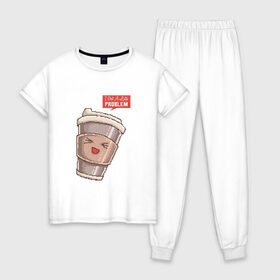 Женская пижама хлопок с принтом 8 бит Латте в Новосибирске, 100% хлопок | брюки и футболка прямого кроя, без карманов, на брюках мягкая резинка на поясе и по низу штанин | 8 bit | 8bit | 8бит | art | coffee | cup | cute | kawaii | mug | pixel | pixelart | problem | арт | восьмибитная | восьмибитные | кавайный | капучино | кофе | кофеек | милота | милый | пиксели | пиксель | пиксельная | проблема | стакан