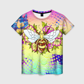 Женская футболка 3D с принтом Пчела и цветы в Новосибирске, 100% полиэфир ( синтетическое хлопкоподобное полотно) | прямой крой, круглый вырез горловины, длина до линии бедер | космос | пчела | пчёлка | пчёлы | туманность | цветы