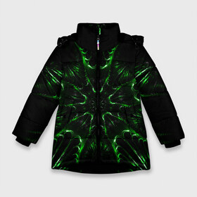 Зимняя куртка для девочек 3D с принтом Зелёное Очарование в Новосибирске, ткань верха — 100% полиэстер; подклад — 100% полиэстер, утеплитель — 100% полиэстер. | длина ниже бедра, удлиненная спинка, воротник стойка и отстегивающийся капюшон. Есть боковые карманы с листочкой на кнопках, утяжки по низу изделия и внутренний карман на молнии. 

Предусмотрены светоотражающий принт на спинке, радужный светоотражающий элемент на пуллере молнии и на резинке для утяжки. | abstraction | flower | green | green flower | абстракция | зелёный | зелёный цветок | узоры | цветок
