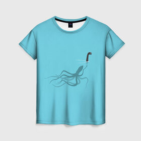 Женская футболка 3D с принтом Тайна Лох-несского чудовища в Новосибирске, 100% полиэфир ( синтетическое хлопкоподобное полотно) | прямой крой, круглый вырез горловины, длина до линии бедер | арт | море | осьминог | рисунок | синий | шутка