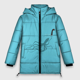 Женская зимняя куртка 3D с принтом Тайна Лох-несского чудовища в Новосибирске, верх — 100% полиэстер; подкладка — 100% полиэстер; утеплитель — 100% полиэстер | длина ниже бедра, силуэт Оверсайз. Есть воротник-стойка, отстегивающийся капюшон и ветрозащитная планка. 

Боковые карманы с листочкой на кнопках и внутренний карман на молнии | Тематика изображения на принте: арт | море | осьминог | рисунок | синий | шутка