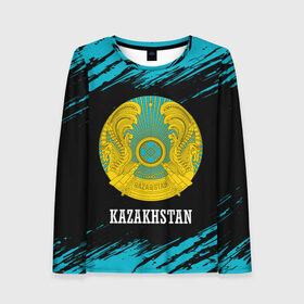Женский лонгслив 3D с принтом KAZAKHSTAN / КАЗАХСТАН в Новосибирске, 100% полиэстер | длинные рукава, круглый вырез горловины, полуприлегающий силуэт | flag | kazakhstan | qazaqstan | герб | захах | казахстан | кахахи | лого | нур султан | республика | символ | страна | флаг
