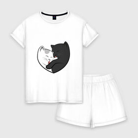Женская пижама с шортиками хлопок с принтом Влюблённые котики в Новосибирске, 100% хлопок | футболка прямого кроя, шорты свободные с широкой мягкой резинкой | арт | белая кошка | белый кот | влюблённые | кот | кот и кошка | кошка | любовь | пара | рисунок | чёрная кошка | чёрный кот