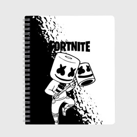 Тетрадь с принтом FORTNITE MARSHMELLO в Новосибирске, 100% бумага | 48 листов, плотность листов — 60 г/м2, плотность картонной обложки — 250 г/м2. Листы скреплены сбоку удобной пружинной спиралью. Уголки страниц и обложки скругленные. Цвет линий — светло-серый
 | Тематика изображения на принте: archetype | fortnite | fortnite x | game | ikonik | marshmello | raven | архетип | ворон | игра | иконик | маршмелло | фортнайт