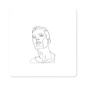 Магнит виниловый Квадрат с принтом портрет одной линией в Новосибирске, полимерный материал с магнитным слоем | размер 9*9 см, закругленные углы | красавчик | лица мужчины | минимализм | мужчина | не отрывая руки | одной линией | рисунок линиями | тумблер | чб | черные линии