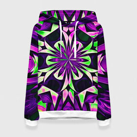 Женская толстовка 3D с принтом Kaleidoscope в Новосибирске, 100% полиэстер  | двухслойный капюшон со шнурком для регулировки, мягкие манжеты на рукавах и по низу толстовки, спереди карман-кенгуру с мягким внутренним слоем. | abstraction | fractal | kaleidoscope | light green | pattern | purple | symmetry | абстракция | калейдоскоп | салатовый | симметрия | узор | фиолетовый | фрактал