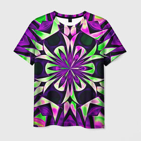 Мужская футболка 3D с принтом Kaleidoscope в Новосибирске, 100% полиэфир | прямой крой, круглый вырез горловины, длина до линии бедер | Тематика изображения на принте: abstraction | fractal | kaleidoscope | light green | pattern | purple | symmetry | абстракция | калейдоскоп | салатовый | симметрия | узор | фиолетовый | фрактал