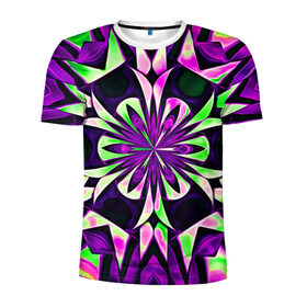 Мужская футболка 3D спортивная с принтом Kaleidoscope в Новосибирске, 100% полиэстер с улучшенными характеристиками | приталенный силуэт, круглая горловина, широкие плечи, сужается к линии бедра | abstraction | fractal | kaleidoscope | light green | pattern | purple | symmetry | абстракция | калейдоскоп | салатовый | симметрия | узор | фиолетовый | фрактал