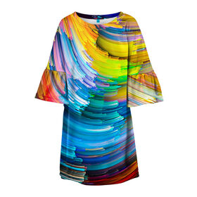 Детское платье 3D с принтом Цветные полоски в Новосибирске, 100% полиэстер | прямой силуэт, чуть расширенный к низу. Круглая горловина, на рукавах — воланы | Тематика изображения на принте: colors | полоски | радуга | спагетти | цвета | цветная | цветные спагетти