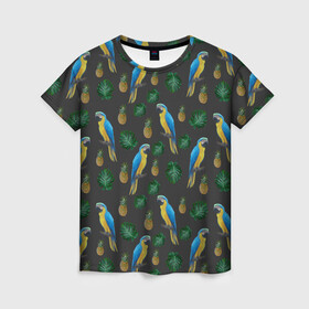 Женская футболка 3D с принтом Попугай Ара в Новосибирске, 100% полиэфир ( синтетическое хлопкоподобное полотно) | прямой крой, круглый вырез горловины, длина до линии бедер | ананас | ара | девушкам | животные | летнее | парням | пляжное | попугаи | природа | птицы | студентам | тропический лист | яркое