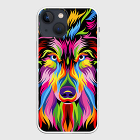 Чехол для iPhone 13 mini с принтом Neon wolf в Новосибирске,  |  | color | ears | eyes | muzzle | neon | nose | paint | skin | view | wolf | взгляд | волк | глаза | краска | неон | нос | уши | цвет | шерсть