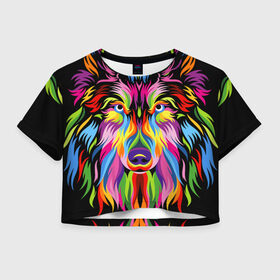 Женская футболка Crop-top 3D с принтом Neon wolf в Новосибирске, 100% полиэстер | круглая горловина, длина футболки до линии талии, рукава с отворотами | color | ears | eyes | muzzle | neon | nose | paint | skin | view | wolf | взгляд | волк | глаза | краска | неон | нос | уши | цвет | шерсть