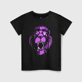 Детская футболка хлопок с принтом Neon lion в Новосибирске, 100% хлопок | круглый вырез горловины, полуприлегающий силуэт, длина до линии бедер | ears | eyes | fangs | jaw | lion | mane | muzzle | neon | глаза | грива | клыки | лев | неон | пасть | уши