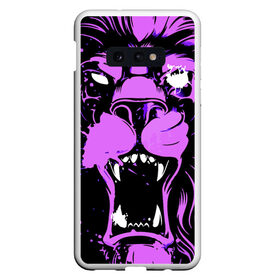 Чехол для Samsung S10E с принтом Pink lion в Новосибирске, Силикон | Область печати: задняя сторона чехла, без боковых панелей | ears | eyes | fangs | jaw | lion | mane | muzzle | neon | pink | глаза | грива | клыки | лев | неон | пасть | розовый | уши